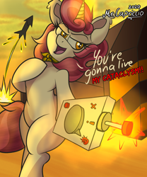 Size: 3000x3600 | Tagged: safe, artist:mrcapriccio, imported from derpibooru, oc, oc only, oc:dolce spiaro, pony, unicorn, action pose, controller, danger, dialogue, explosion, female, high res, looking at you, rocket, sexy, solo, spy, talking to viewer