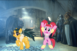 Size: 2960x1988 | Tagged: safe, artist:cheezedoodle96, edit, edited screencap, imported from derpibooru, screencap, vector edit, cleopatra jazz, pacific glow, earth pony, pony, dungeons and discords, the saddle row review, .svg available, bipedal, boba fett, cute, dancing, ear piercing, earring, eyeshadow, feather boa, female, fur scarf, glowbetes, han solo, jabba's palace, jewelry, leg warmers, lidded eyes, looking at you, makeup, mare, necklace, pacifier, piercing, pigtails, quarren, raised hoof, real life background, return of the jedi, smiling, star wars, svg, tail wrap, vector