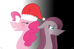 Size: 2309x1544 | Tagged: safe, artist:darbypop1, imported from derpibooru, pinkie pie, pony, christmas, crying, duality, hat, holiday, pinkamena diane pie, santa hat