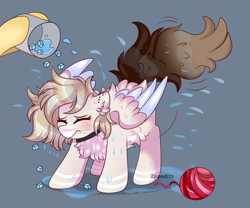 Size: 3580x2978 | Tagged: safe, artist:2pandita, imported from derpibooru, oc, pegasus, pony, chest fluff, choker, female, ice bucket challenge, mare, offscreen character, simple background, solo, solo focus, water droplet, yarn, yarn ball