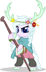 Size: 1280x2000 | Tagged: safe, artist:mlp-trailgrazer, imported from derpibooru, earth pony, pony, antlers, bipedal, clothes, female, mare, simple background, solo, staff, transparent background