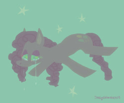 Size: 1280x1065 | Tagged: safe, artist:blanket-vu, imported from derpibooru, pinkie pie, earth pony, pony, crying, female, lidded eyes, mare, sad, signature, simple background, smiling, solo, starry eyes, stars, teal background, wingding eyes