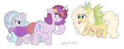 Size: 6000x2401 | Tagged: safe, artist:pink-pone, imported from derpibooru, oc, oc only, oc:ataxia, oc:cosmic, oc:oracle, bat pony, pony, unicorn, female, horns, mare, simple background, transparent background