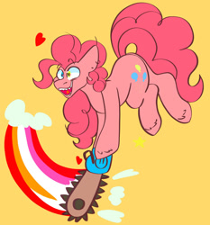 Size: 1024x1100 | Tagged: safe, artist:lunicangel, imported from derpibooru, pinkie pie, earth pony, pony, blushing, chainsaw, ear piercing, earring, female, grimcute, jewelry, lesbian ponies with weapons, lesbian pride flag, lip piercing, mare, open mouth, piercing, pride, pride flag, rainbow, smiling, solo, this will end in cupcakes, this will end in death, this will end in tears, this will end in tears and/or death, vylet pony