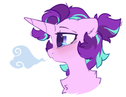 Size: 747x580 | Tagged: safe, artist:mirtash, imported from derpibooru, starlight glimmer, pony, unicorn, alternate hairstyle, breath, bust, chest fluff, ear fluff, female, fluffy, mare, portrait, profile, simple background, solo, visible breath, white background