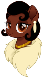 Size: 776x1400 | Tagged: safe, artist:cloudy glow, artist:cloudyglow, imported from derpibooru, earth pony, pony, 20s, african american, bedroom eyes, black mane, bob cut, brown coat, clothes, crossover, disney, ear piercing, earring, feather boa, female, happy, jewelry, lidded eyes, looking at you, mare, movie accurate, necklace, piercing, ponified, pony form, princess tiana, sassy, simple background, smiling, smug, solo, the princess and the frog, tiana, transparent background
