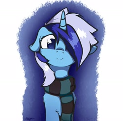 Size: 2189x2160 | Tagged: safe, artist:luneinspace, imported from derpibooru, minuette, pony, unicorn, abstract background, clothes, female, hair over one eye, looking at you, mare, scarf, smiling, solo