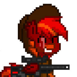 Size: 384x384 | Tagged: safe, artist:firehearttheinferno, derpibooru exclusive, imported from derpibooru, oc, oc only, oc:lance longmane, pony, fallout equestria, 16-bit, ashes town, blaze (coat marking), clothes, coat markings, cowboy hat, dashite, ear fluff, ear tufts, facial markings, fallout equestria oc, fallout equestria: equestria the beautiful, folded wings, grin, gun, hat, jacket, leather hat, leather jacket, male, orange eyes, pixel art, red coat, rifle, scar, scarred, simple background, smiling, sniper, sniper rifle, solo, sprite, stallion, striped mane, striped tail, transparent background, weapon, wings