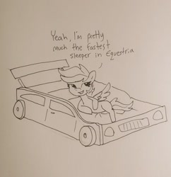 Size: 1440x1486 | Tagged: safe, artist:tjpones, imported from derpibooru, rainbow dash, pegasus, pony, bed, car, female, grayscale, mare, missing cutie mark, monochrome, pencil drawing, race car bed, racecar, sketch, solo, traditional art