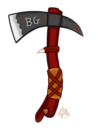 Size: 468x612 | Tagged: safe, artist:firehearttheinferno, imported from derpibooru, fallout equestria, blade, cloth, concept art, concept for a fanfic, craft, engraving, fallout equestria: equestria the beautiful, handle, hatchet, item, leather, leather straps, metal, no pony, red, red wood, rust, signature, simple background, tooth, transparent background, watermark, weapon, wood