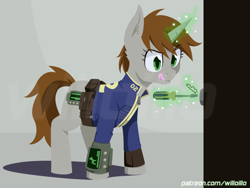 Size: 800x600 | Tagged: safe, artist:willoillo, imported from derpibooru, oc, oc only, oc:littlepip, pony, unicorn, fallout equestria, bobby pin, clothes, ear fluff, eyelashes, female, glowing horn, horn, jumpsuit, lockpicking, magic, mare, pipbuck, screwdriver, solo, telekinesis, unicorn oc, vault suit, watermark