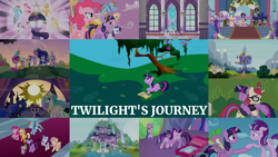 Size: 1990x1119 | Tagged: safe, edit, edited screencap, editor:quoterific, imported from derpibooru, screencap, amethyst star, applejack, fluttershy, linky, moondancer, pinkie pie, princess celestia, princess luna, rainbow dash, rarity, shoeshine, sparkler, spike, starlight glimmer, twilight sparkle, alicorn, unicorn, amending fences, celestial advice, friendship is magic, magical mystery cure, school daze, season 1, season 2, season 3, season 4, season 5, season 7, season 8, season 9, the beginning of the end, the crystal empire, the cutie re-mark, the last problem, the return of harmony, the summer sun setback, twilight's kingdom, spoiler:s08, spoiler:s09, big crown thingy, big crown thingy 2.0, book, bookhorse, cadance's ceremonial crown, celestia's ceremonial crown, clothes, coronation dress, crown, dress, element of magic, gigachad spike, glasses, jewelry, luna's ceremonial crown, mane seven, mane six, mountain, older, older applejack, older fluttershy, older pinkie pie, older rainbow dash, older rarity, older spike, older twilight, peytral, princess twilight 2.0, regalia, school of friendship, spread wings, that pony sure does love books, tree, twilight sparkle (alicorn), twilight's castle, unicorn twilight, waterfall, wings