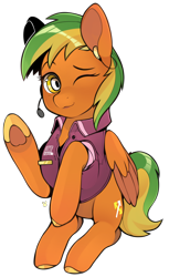Size: 3608x5901 | Tagged: safe, artist:sugarelement, imported from derpibooru, oc, oc only, oc:naviga, pegasus, pony, 911, clothes, dispatcher, female, mare, microphone, one eye closed, simple background, solo, transparent background, uniform, waving, waving at you