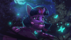 Size: 1920x1080 | Tagged: safe, artist:hierozaki, imported from derpibooru, twilight sparkle, butterfly, pony, moon, night, solo