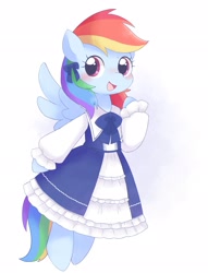 Size: 1568x2048 | Tagged: safe, artist:arrow__root, artist:ginmaruxx, imported from derpibooru, rainbow dash, pegasus, pony, semi-anthro, clothes, cute, dashabetes, dress, female, lolita fashion, mare, rainbow dash always dresses in style, ribbon, simple background, solo