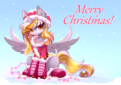 Size: 2480x1748 | Tagged: safe, artist:airiniblock, imported from derpibooru, oc, oc only, alicorn, pony, alicorn oc, christmas, christmas lights, cute, holiday, horn, looking at you, not derpy, sitting, snow, solo, wings