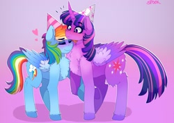 Size: 3042x2160 | Tagged: safe, artist:aaa-its-spook, imported from derpibooru, rainbow dash, twilight sparkle, alicorn, pegasus, pony, daring don't, blushing, chest fluff, cute, female, folded wings, hat, heart, holding hooves, lesbian, mare, party hat, shipping, signature, size difference, smiling, twidash, twilight sparkle (alicorn), wing fluff, wings