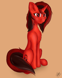 Size: 2184x2728 | Tagged: safe, artist:flapstune, imported from derpibooru, oc, oc only, oc:flaps tune, pony, unicorn, cutie mark, female, fluffy, horn, looking at you, mare, orange background, signature, simple background, sitting, smiling, solo