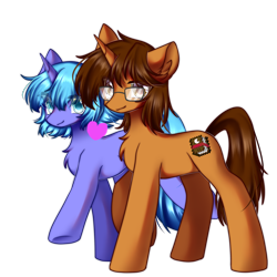 Size: 2300x2300 | Tagged: safe, artist:distant_sound_, artist:遐音, imported from derpibooru, oc, oc only, oc:knowledge mixing, pony, unicorn, derpibooru community collaboration, 2021 community collab, chest fluff, cute, duo, glasses, heart, looking at you, lunabetes, race swap, s1 luna, simple background, sisters-in-law, smiling, transparent background