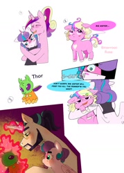 Size: 1024x1428 | Tagged: safe, artist:aztrial, imported from derpibooru, princess cadance, princess flurry heart, shining armor, oc, oc:bitterroot rose, alicorn, earth pony, pony, unicorn, beard, blushing, brother and sister, facial hair, female, glasses, hug, implied thorax, male, messy mane, offspring, older, older flurry heart, older princess cadance, older shining armor, parent:princess cadance, parent:shining armor, parents:shiningcadance, ponytail, siblings, tsundere