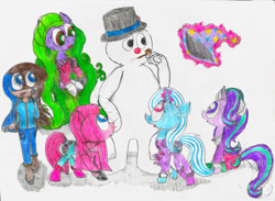 Size: 1024x749 | Tagged: safe, artist:mlpadventures, imported from derpibooru, mane-iac, starlight glimmer, trixie, human, pony, unicorn, clothes, frosty the snowman, group, hat, snowman, trixie's hat
