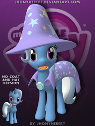 Size: 600x800 | Tagged: safe, artist:jhonyhebert, imported from derpibooru, trixie, pony, unicorn, 3d, cape, clothes, female, hat, looking at you, mare, my little pony logo, open mouth, source filmmaker, trixie's cape, trixie's hat