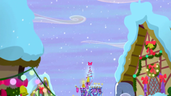 Size: 1280x720 | Tagged: safe, imported from derpibooru, screencap, hearthbreakers, background, christmas, christmas lights, hearth's warming, hearth's warming decorations, holiday, no pony, ponyville, scenic ponyville, snow, snowfall, twilight's castle, winter, wreath