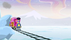 Size: 1280x720 | Tagged: safe, imported from derpibooru, screencap, hearthbreakers, background, friendship express, no pony, scenic ponyville, snow, snowfall, train, train tracks, winter