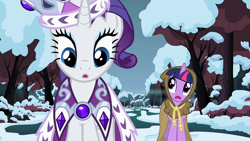 Size: 1920x1080 | Tagged: safe, imported from derpibooru, screencap, clover the clever, princess platinum, rarity, twilight sparkle, pony, unicorn, hearth's warming eve (episode), duo, female, mare