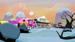 Size: 1280x720 | Tagged: safe, imported from derpibooru, screencap, hearthbreakers, background, friendship express, no pony, scenic ponyville, snow, train station, winter