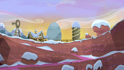 Size: 1280x720 | Tagged: safe, imported from derpibooru, screencap, hearthbreakers, background, christmas, christmas lights, hearth's warming, holder's boulder, holiday, no pony, quarry, rock farm, scenic ponyville, snow, winter