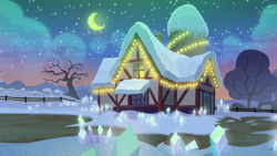 Size: 1280x720 | Tagged: safe, imported from derpibooru, screencap, hearthbreakers, background, christmas, christmas lights, crescent moon, hearth's warming, holiday, moon, night, no pony, rock farm, scenic ponyville, snow, winter