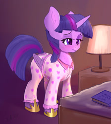 Size: 1877x2095 | Tagged: safe, artist:xbi, imported from derpibooru, twilight sparkle, alicorn, pony, bed, book, clothes, cute, female, folded wings, hoof shoes, lamp, mare, pajamas, smiling, solo, twiabetes, twilight sparkle (alicorn), wings