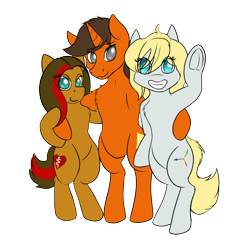 Size: 1500x1500 | Tagged: safe, artist:darnelg, imported from derpibooru, oc, oc only, oc:rafale, oc:scroll scribe, oc:valorie, pony, unicorn, derpibooru community collaboration, 2021 community collab, bipedal, chest fluff, simple background, smiling, transparent background, trio