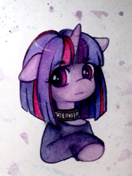 Size: 600x800 | Tagged: safe, artist:drawsyraccoon, imported from derpibooru, twilight sparkle, pony, unicorn, clothes, collar, solo, traditional art