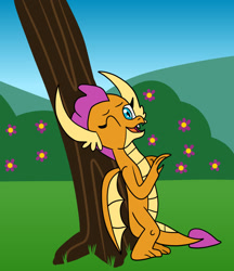 Size: 1280x1482 | Tagged: safe, artist:platinumdrop, imported from derpibooru, smolder, dragon, request, scratching, tree