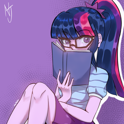 Size: 2000x2000 | Tagged: safe, artist:niorsaj, imported from derpibooru, sci-twi, twilight sparkle, equestria girls, equestria girls series, book, glasses, high res, knees, looking at you, purple background, simple background, sitting, solo