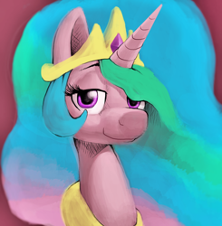 Size: 3096x3161 | Tagged: safe, artist:greatspacebeaver, imported from derpibooru, princess celestia, pony, bust, crown, female, high res, jewelry, lidded eyes, looking at you, mare, pinklestia, portrait, red background, regalia, simple background, solo