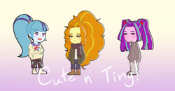 Size: 900x469 | Tagged: safe, artist:amazingpuffhair, imported from derpibooru, adagio dazzle, aria blaze, sonata dusk, equestria girls, blushing, boots, chibi, clothes, converse, crossed arms, female, gradient background, jacket, no nose, open mouth, scarf, shoes, smiling, sneakers, standing, sticker, sweater, the dazzlings, trio