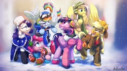 Size: 2560x1440 | Tagged: safe, artist:anticular, imported from derpibooru, applejack, fluttershy, pinkie pie, rainbow dash, rarity, twilight sparkle, alicorn, earth pony, pegasus, pony, unicorn, clothes, earmuffs, flying, goggles, hat, jacket, mane six, one eye closed, open mouth, outfit, raised hoof, scarf, smiling, snow, sweater, twilight sparkle (alicorn), wink, winter, winter outfit