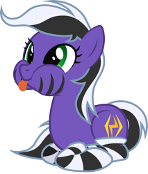 Size: 1561x1828 | Tagged: safe, artist:lightning stripe, derpibooru exclusive, imported from derpibooru, oc, oc only, oc:lightning stripe, earth pony, pony, derpibooru community collaboration, 2021 community collab, :p, black and white mane, clothes, cross-eyed, cute, eyelashes, female, green eyes, makeup, mare, ocbetes, ponyloaf, puffy cheeks, purple coat, show accurate, silly, simple background, socks, solo, striped socks, stripes, tongue out, transparent background, two toned mane, two toned tail, vector