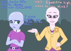 Size: 1020x732 | Tagged: safe, artist:jpgr, imported from derpibooru, princess celestia, princess luna, equestria girls, bald, clothes, crossed arms, dialogue, duo, eyelashes, female, frown, hand on hip, makeup, principal celestia, shaved, siblings, sisters, smiling, vice principal luna