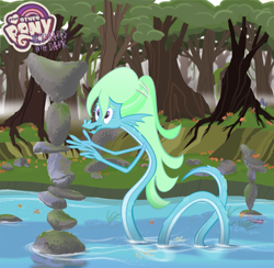 Size: 1147x1120 | Tagged: safe, artist:keafonthelookinglass, imported from derpibooru, oc, oc only, oc:sarah faucet, sea serpent, forest, neighflheim, open mouth, river, scenery, solo, stream, water, your other pony