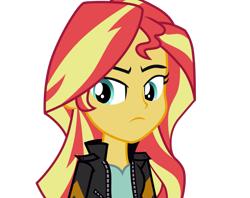 Size: 2755x2177 | Tagged: safe, artist:riariirii2, imported from derpibooru, sunset shimmer, equestria girls, bust, clothes, eyelashes, female, frown, jacket, simple background, solo, transparent background