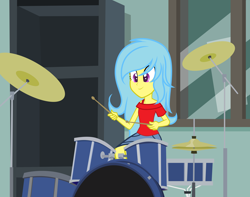 Size: 2762x2171 | Tagged: safe, artist:riariirii2, imported from derpibooru, oc, oc only, equestria girls, bust, clothes, drums, female, musical instrument, smiling, solo