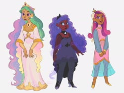 Size: 2048x1536 | Tagged: safe, artist:xbababu, imported from derpibooru, princess cadance, princess celestia, princess luna, human, clothes, dark skin, dress, ear piercing, earring, female, humanized, jewelry, meta, piercing, regalia, royal sisters, simple background, sisters, trio, twitter, white background