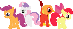 Size: 3569x1423 | Tagged: safe, artist:porygon2z, imported from derpibooru, apple bloom, scootaloo, sweetie belle, oc, oc:heatwave, griffon, hippogriff, blank flank, bloom butt, butt, cutie mark crusaders, featureless crotch, female, filly, fledgeling, plot, scootabutt, simple background, sweetie butt, transparent background