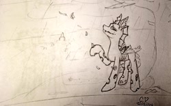 Size: 1024x636 | Tagged: safe, artist:chet_volaner, imported from derpibooru, oc, oc only, oc:chet volaner, changeling, crying, fanfic art, leaves, monochrome, photo, ponyville, rain, solo, tears of joy, traditional art, tree