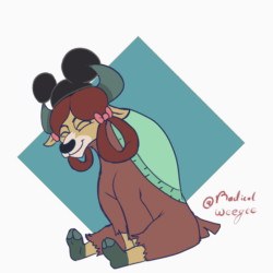 Size: 800x800 | Tagged: safe, artist:radicalweegee, imported from derpibooru, yona, yak, animated, bow, cloven hooves, cute, eyes closed, female, frame by frame, hair bow, hat, loop, mickey ears, mickey hat, monkey swings, solo, yonadorable