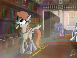 Size: 4000x3000 | Tagged: safe, artist:flaremoon, imported from derpibooru, twilight sparkle, oc, oc:rosemary sage, alicorn, pegasus, pony, book, bookshelf, female, levitation, library, magic, mare, mouth hold, telekinesis, twilight sparkle (alicorn), window